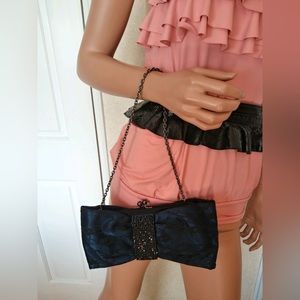 Frenchi deep blue with black lace and crystals mini evening bag.